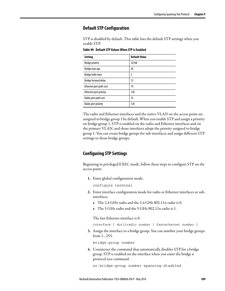 Default stp configuration, Configuring stp settings, Default stp configuration configuring stp settings | Rockwell Automation 1783-WAPxxx Stratix 5100 Wireless Access Point User Manual User Manual | Page 309 / 612