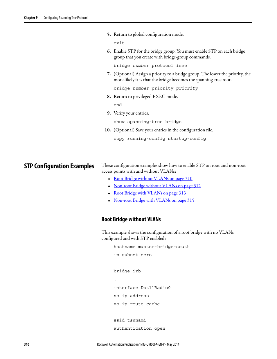 Stp configuration examples, Root bridge without vlans | Rockwell Automation 1783-WAPxxx Stratix 5100 Wireless Access Point User Manual User Manual | Page 310 / 612