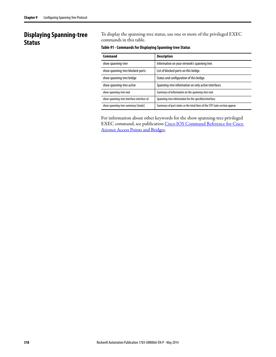 Displaying spanning-tree status | Rockwell Automation 1783-WAPxxx Stratix 5100 Wireless Access Point User Manual User Manual | Page 318 / 612