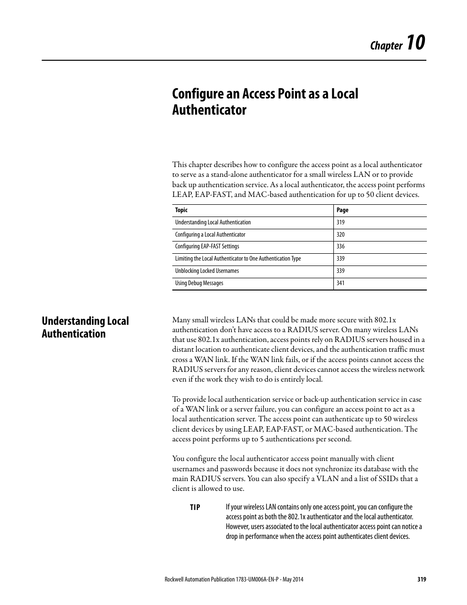 Understanding local authentication, Chapter 10, Configure an access point as a local authenticator | Configure an access point as a local, Chapter | Rockwell Automation 1783-WAPxxx Stratix 5100 Wireless Access Point User Manual User Manual | Page 319 / 612
