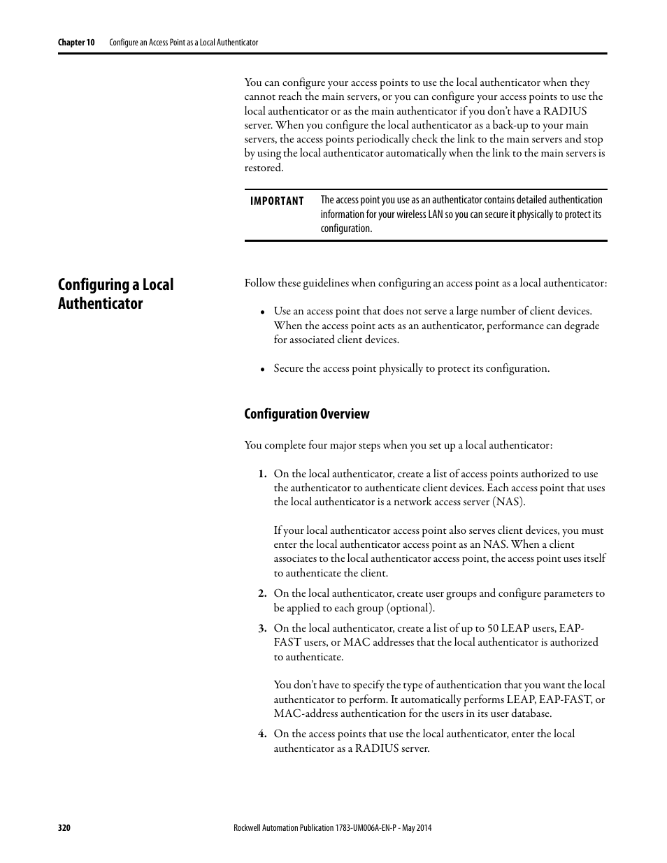 Configuring a local authenticator, Configuration overview, Configuring a local | Rockwell Automation 1783-WAPxxx Stratix 5100 Wireless Access Point User Manual User Manual | Page 320 / 612