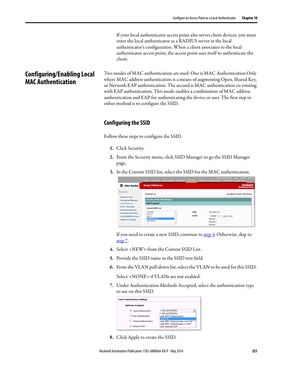 Configuring/enabling local mac authentication, Configuring the ssid | Rockwell Automation 1783-WAPxxx Stratix 5100 Wireless Access Point User Manual User Manual | Page 321 / 612
