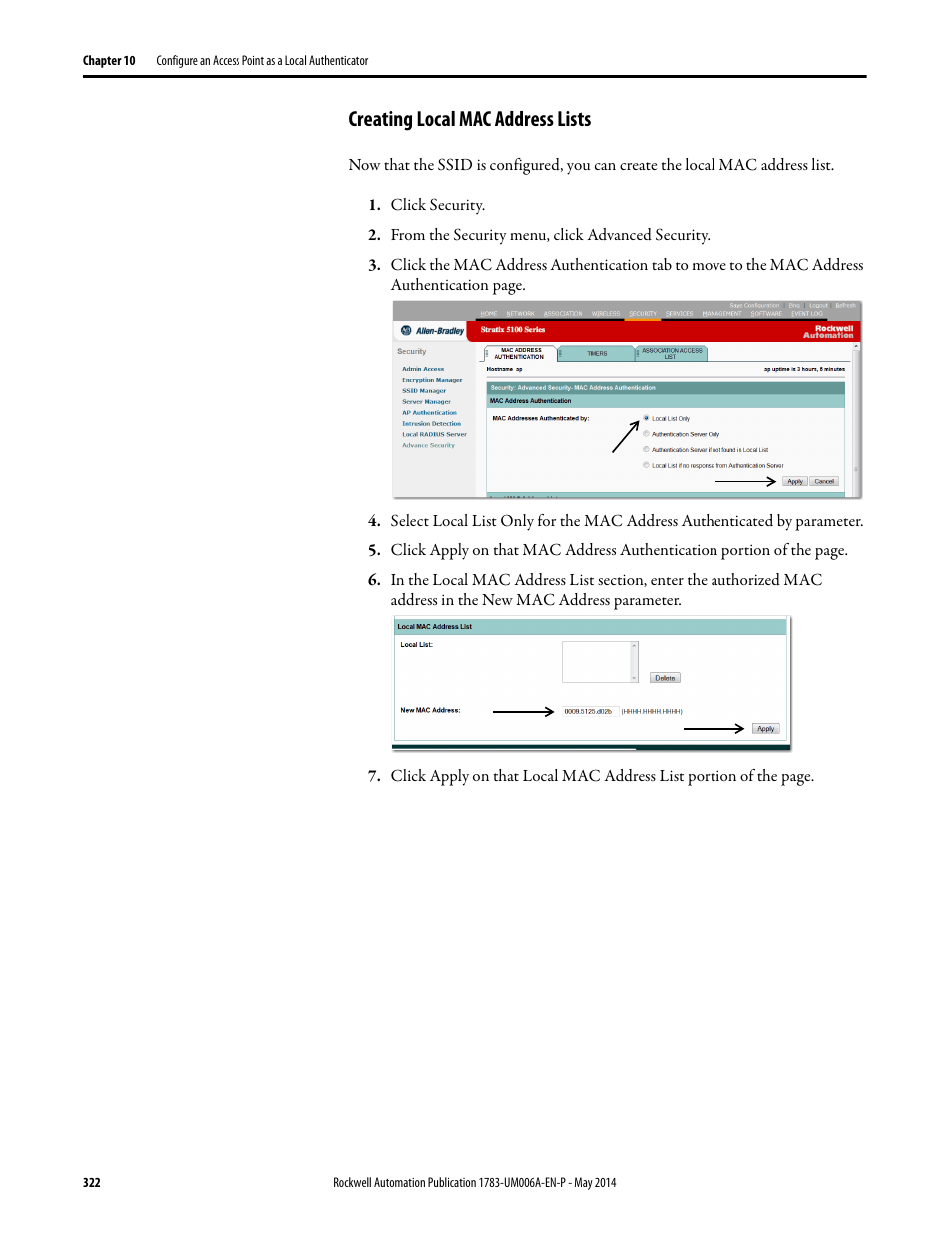 Creating local mac address lists | Rockwell Automation 1783-WAPxxx Stratix 5100 Wireless Access Point User Manual User Manual | Page 322 / 612