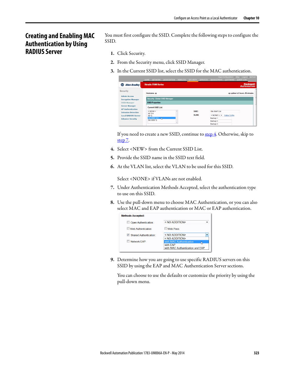 Creating and enabling mac authentication, By using radius server | Rockwell Automation 1783-WAPxxx Stratix 5100 Wireless Access Point User Manual User Manual | Page 323 / 612