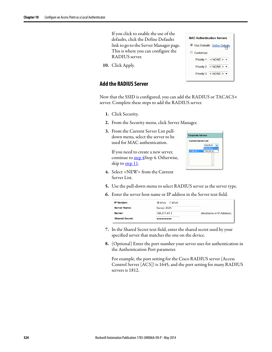 Add the radius server | Rockwell Automation 1783-WAPxxx Stratix 5100 Wireless Access Point User Manual User Manual | Page 324 / 612