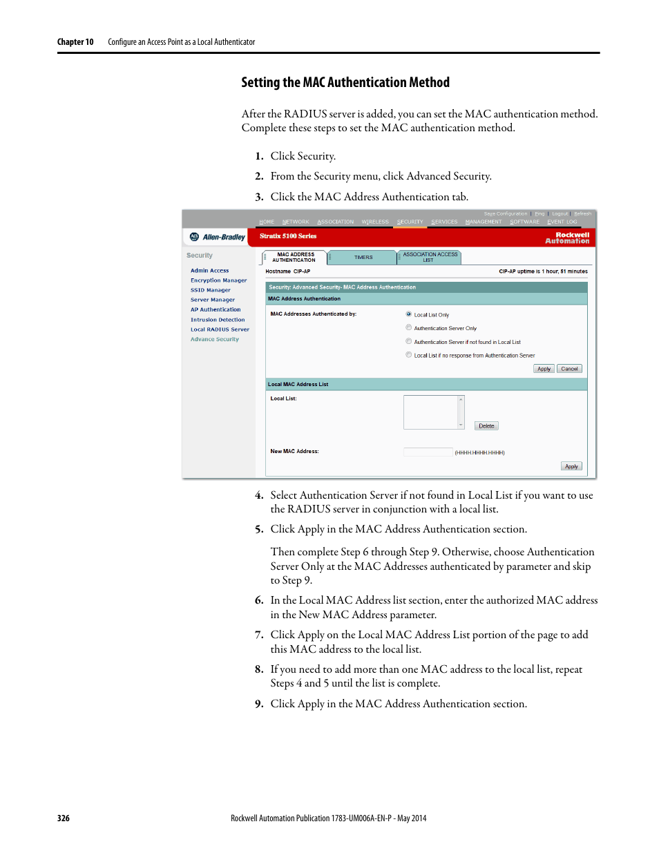 Setting the mac authentication method | Rockwell Automation 1783-WAPxxx Stratix 5100 Wireless Access Point User Manual User Manual | Page 326 / 612