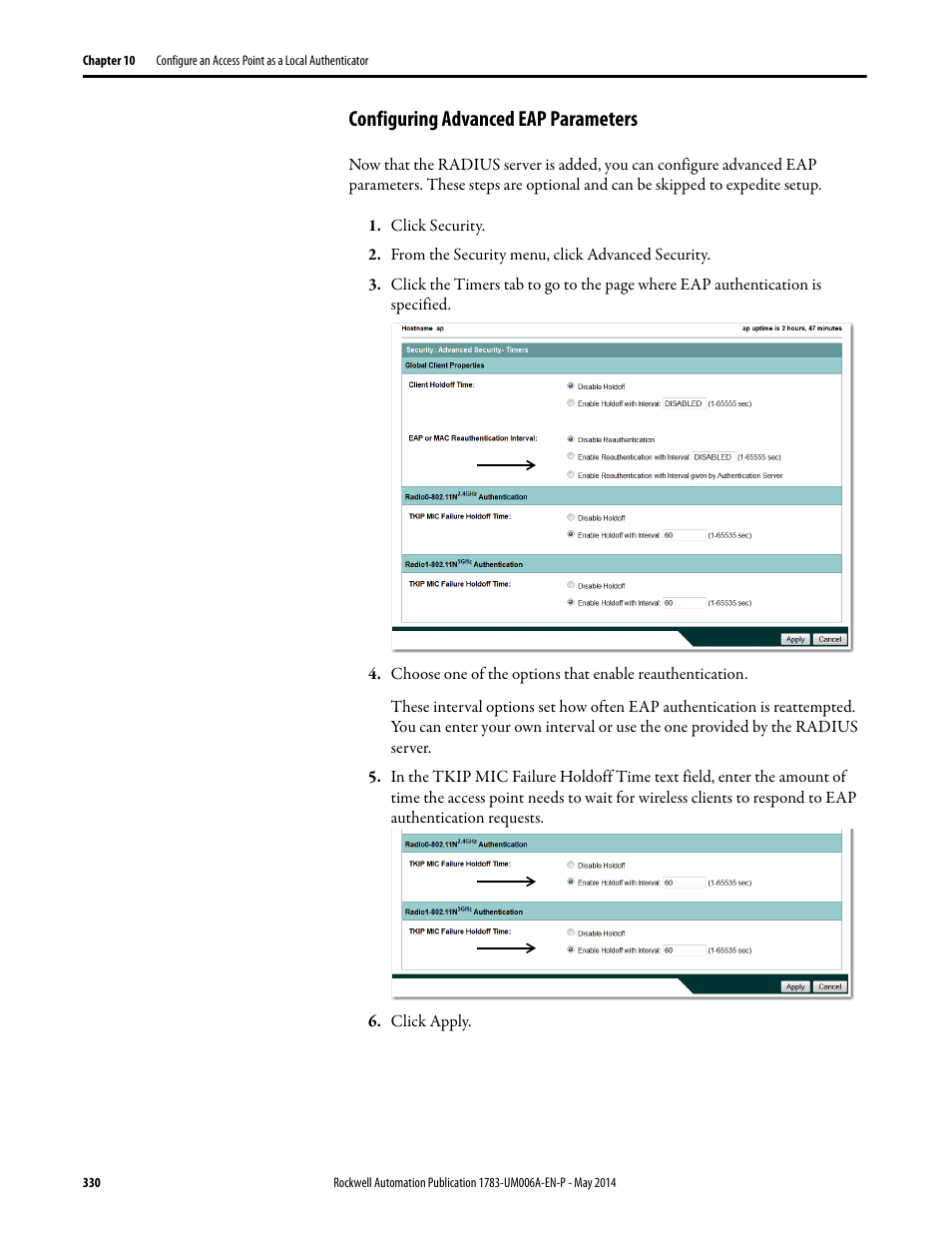 Configuring advanced eap parameters | Rockwell Automation 1783-WAPxxx Stratix 5100 Wireless Access Point User Manual User Manual | Page 330 / 612