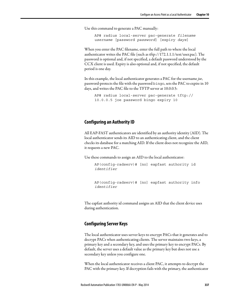 Configuring an authority id, Configuring server keys | Rockwell Automation 1783-WAPxxx Stratix 5100 Wireless Access Point User Manual User Manual | Page 337 / 612