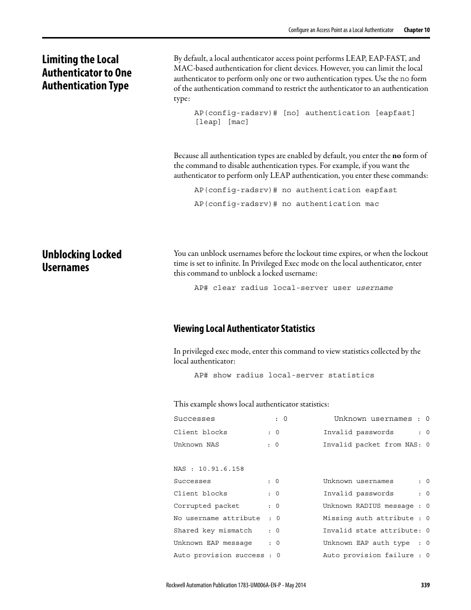 Unblocking locked usernames, Viewing local authenticator statistics | Rockwell Automation 1783-WAPxxx Stratix 5100 Wireless Access Point User Manual User Manual | Page 339 / 612