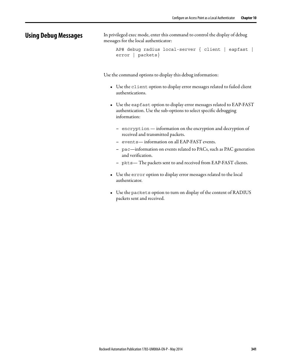 Using debug messages | Rockwell Automation 1783-WAPxxx Stratix 5100 Wireless Access Point User Manual User Manual | Page 341 / 612