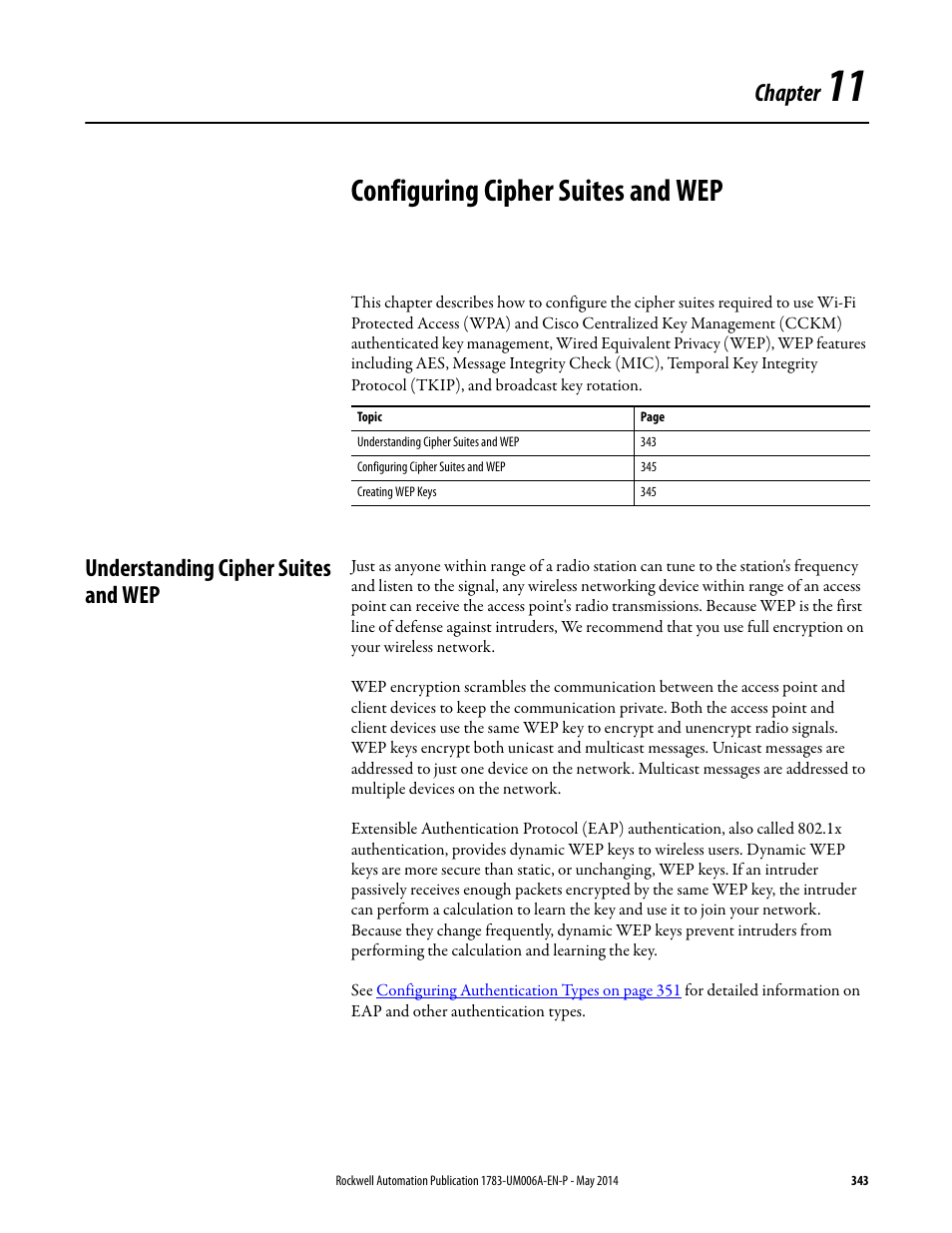 11 - configuring cipher suites and wep, Understanding cipher suites and wep, Chapter 11 | Configuring cipher suites and wep, Chapter 11 configuring cipher suites and wep, Chapter | Rockwell Automation 1783-WAPxxx Stratix 5100 Wireless Access Point User Manual User Manual | Page 343 / 612