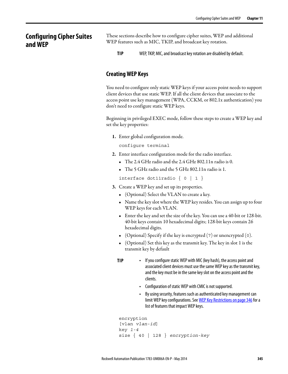 Configuring cipher suites and wep, Creating wep keys | Rockwell Automation 1783-WAPxxx Stratix 5100 Wireless Access Point User Manual User Manual | Page 345 / 612