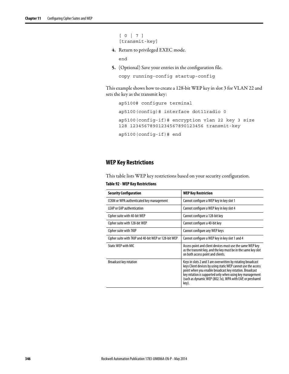 Wep key restrictions | Rockwell Automation 1783-WAPxxx Stratix 5100 Wireless Access Point User Manual User Manual | Page 346 / 612