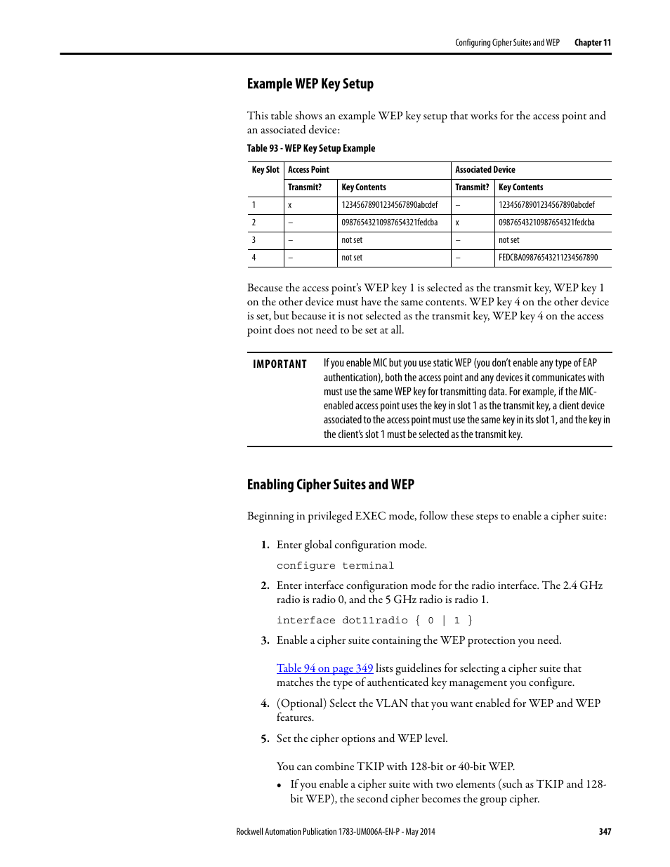 Example wep key setup, Enabling cipher suites and wep | Rockwell Automation 1783-WAPxxx Stratix 5100 Wireless Access Point User Manual User Manual | Page 347 / 612