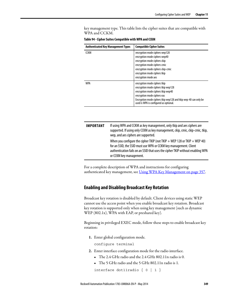 Enabling and disabling broadcast key rotation | Rockwell Automation 1783-WAPxxx Stratix 5100 Wireless Access Point User Manual User Manual | Page 349 / 612