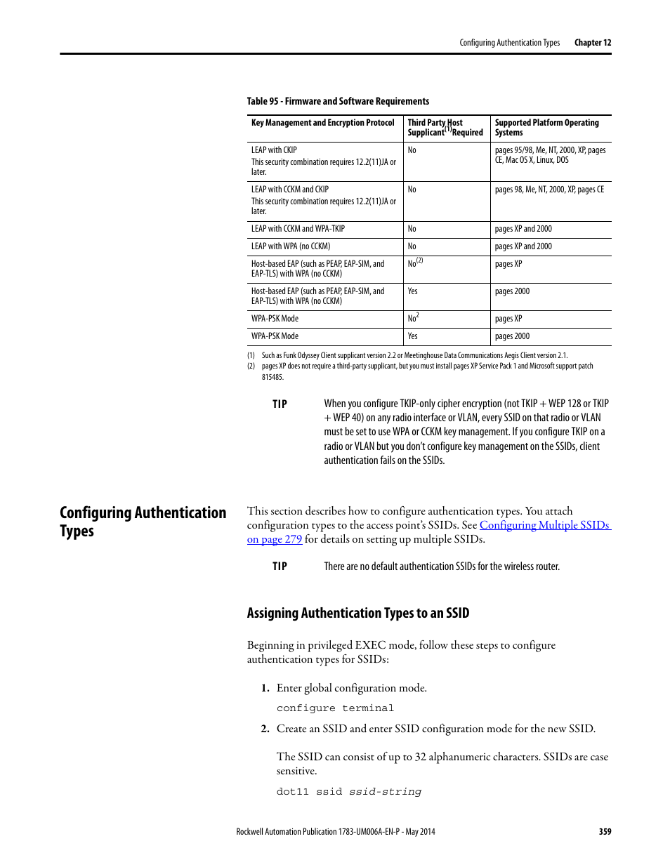 Configuring authentication types, Assigning authentication types to an ssid, Configuring | Rockwell Automation 1783-WAPxxx Stratix 5100 Wireless Access Point User Manual User Manual | Page 359 / 612