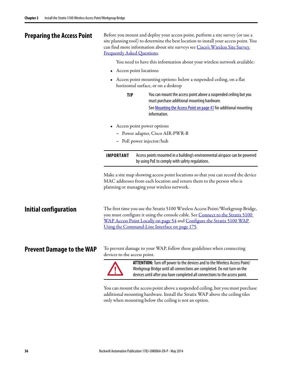 Preparing the access point, Initial configuration, Prevent damage to the wap | Rockwell Automation 1783-WAPxxx Stratix 5100 Wireless Access Point User Manual User Manual | Page 36 / 612