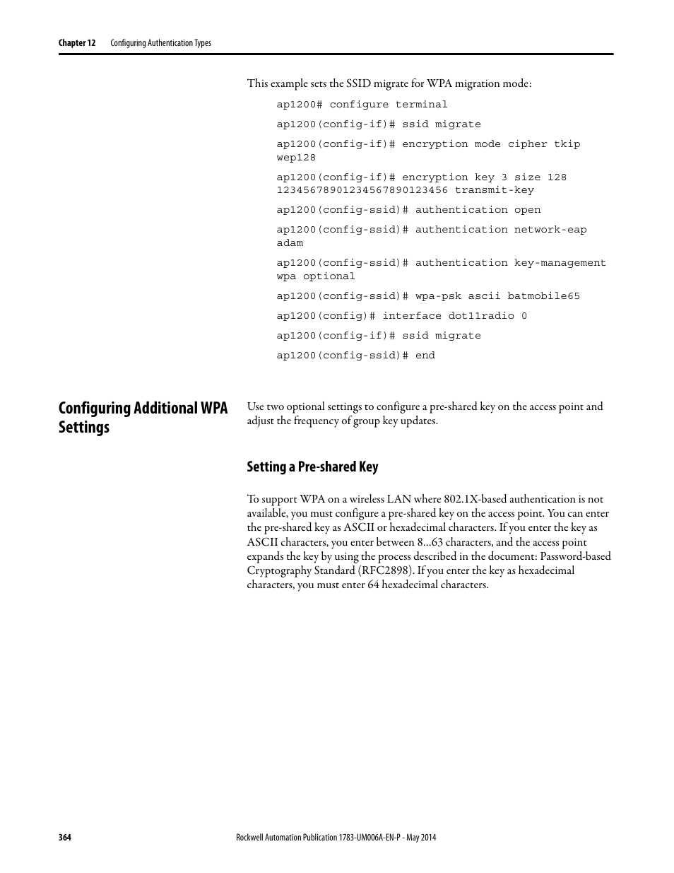 Configuring additional wpa settings, Setting a pre-shared key | Rockwell Automation 1783-WAPxxx Stratix 5100 Wireless Access Point User Manual User Manual | Page 364 / 612