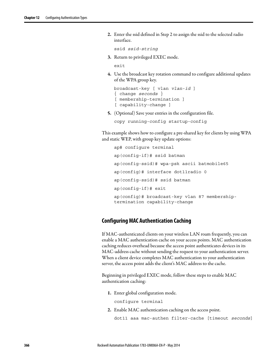 Configuring mac authentication caching | Rockwell Automation 1783-WAPxxx Stratix 5100 Wireless Access Point User Manual User Manual | Page 366 / 612