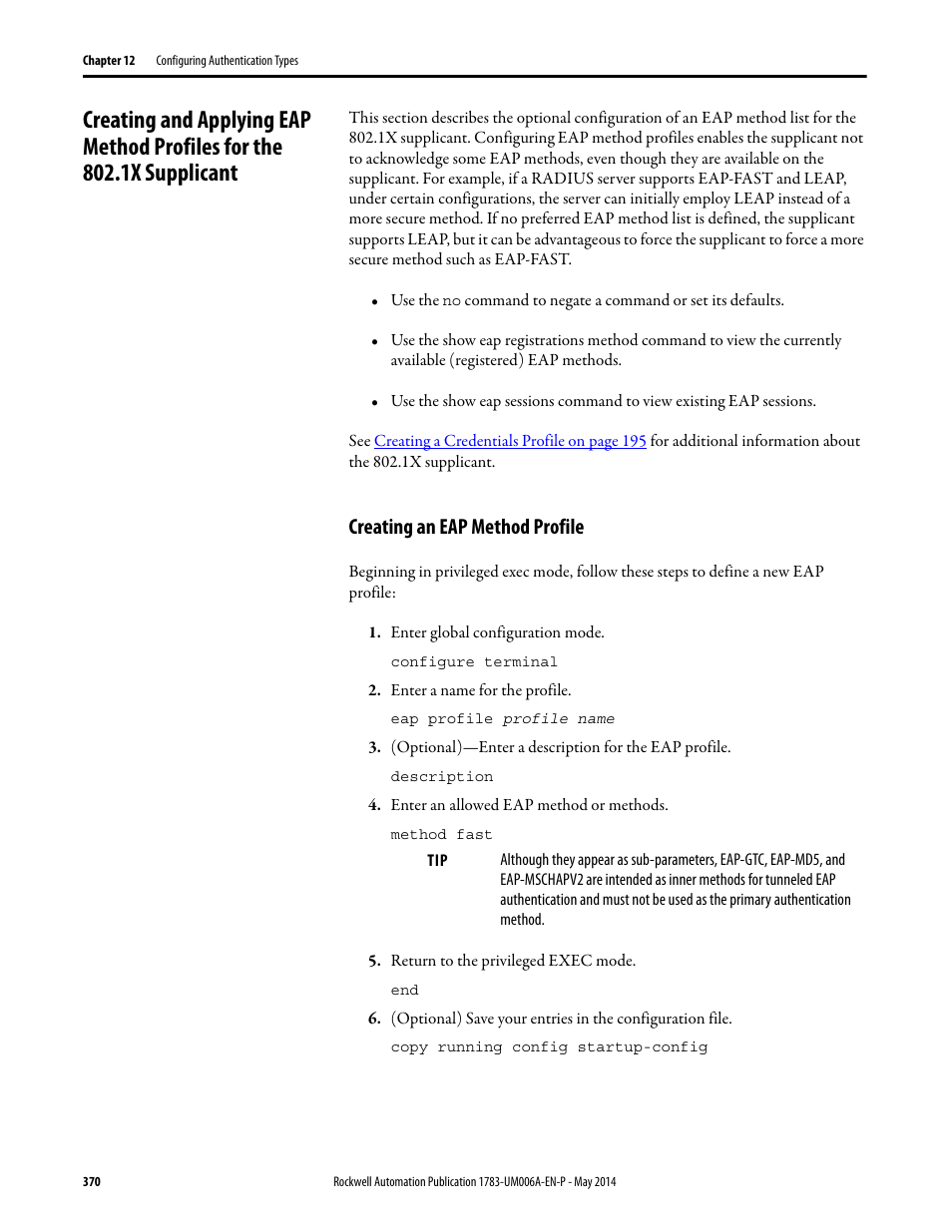Creating an eap method profile, Creating and applying eap method profiles, For the 802.1x supplicant | Rockwell Automation 1783-WAPxxx Stratix 5100 Wireless Access Point User Manual User Manual | Page 370 / 612