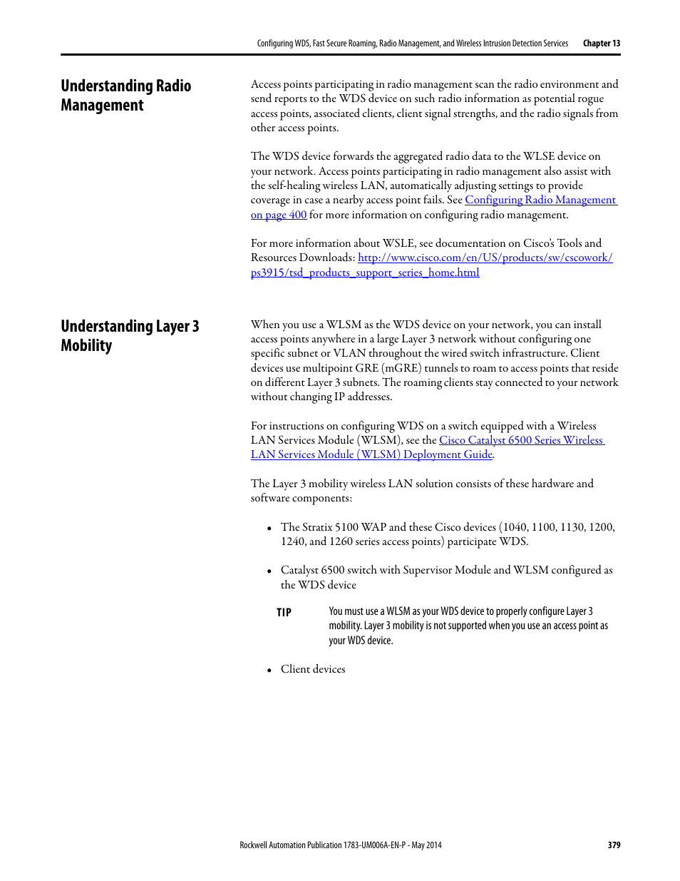 Understanding radio management, Understanding layer 3 mobility | Rockwell Automation 1783-WAPxxx Stratix 5100 Wireless Access Point User Manual User Manual | Page 379 / 612