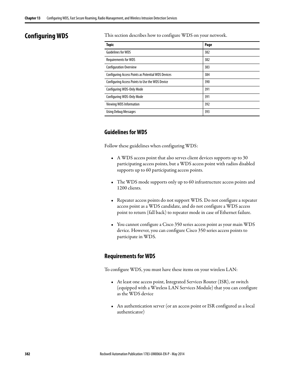 Configuring wds, Guidelines for wds, Requirements for wds | Guidelines for wds requirements for wds | Rockwell Automation 1783-WAPxxx Stratix 5100 Wireless Access Point User Manual User Manual | Page 382 / 612