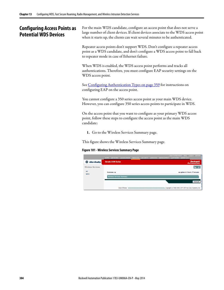 Configuring access points as potential wds devices | Rockwell Automation 1783-WAPxxx Stratix 5100 Wireless Access Point User Manual User Manual | Page 384 / 612