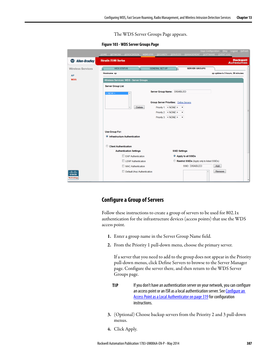 Configure a group of servers | Rockwell Automation 1783-WAPxxx Stratix 5100 Wireless Access Point User Manual User Manual | Page 387 / 612