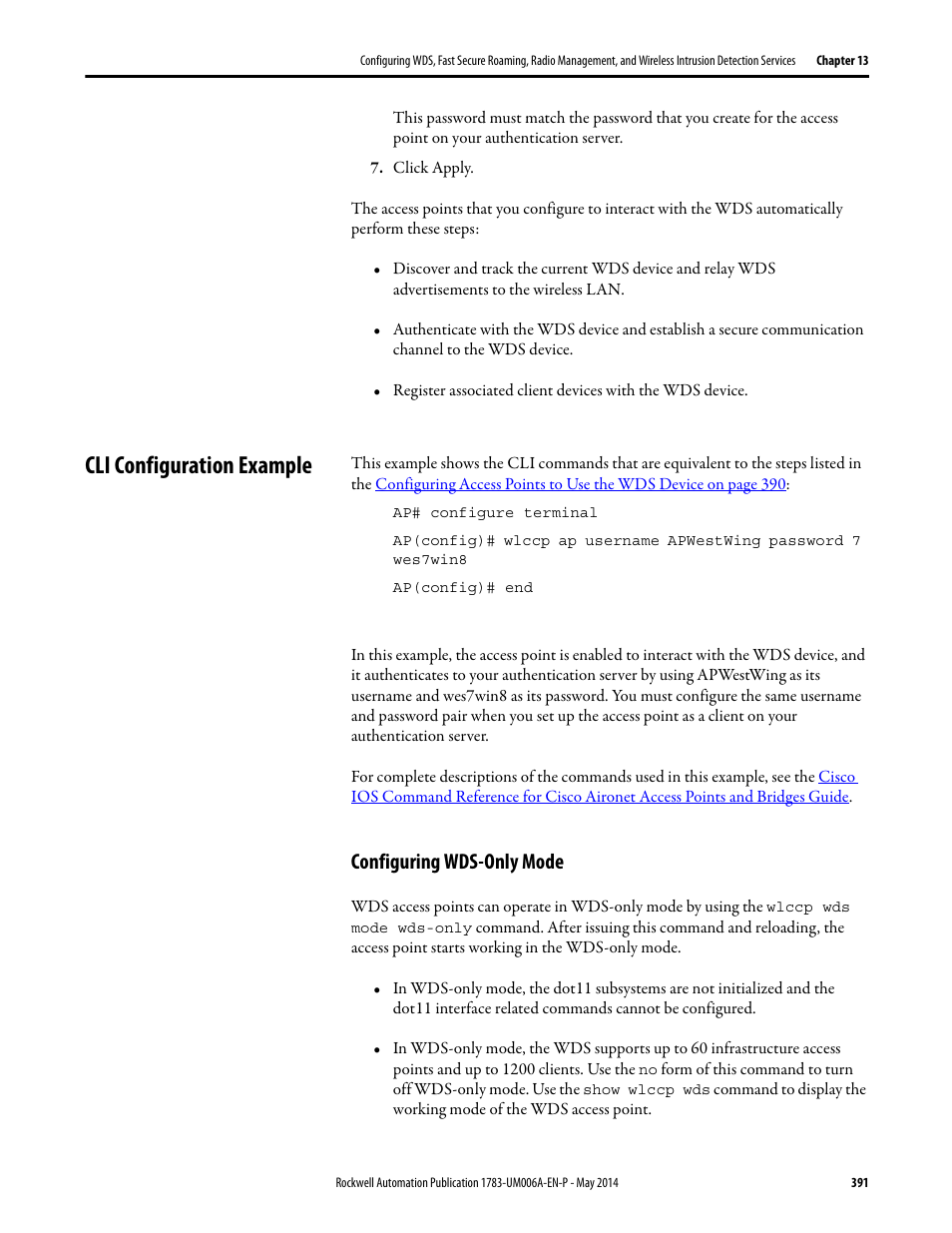 Cli configuration example, Configuring wds-only mode | Rockwell Automation 1783-WAPxxx Stratix 5100 Wireless Access Point User Manual User Manual | Page 391 / 612