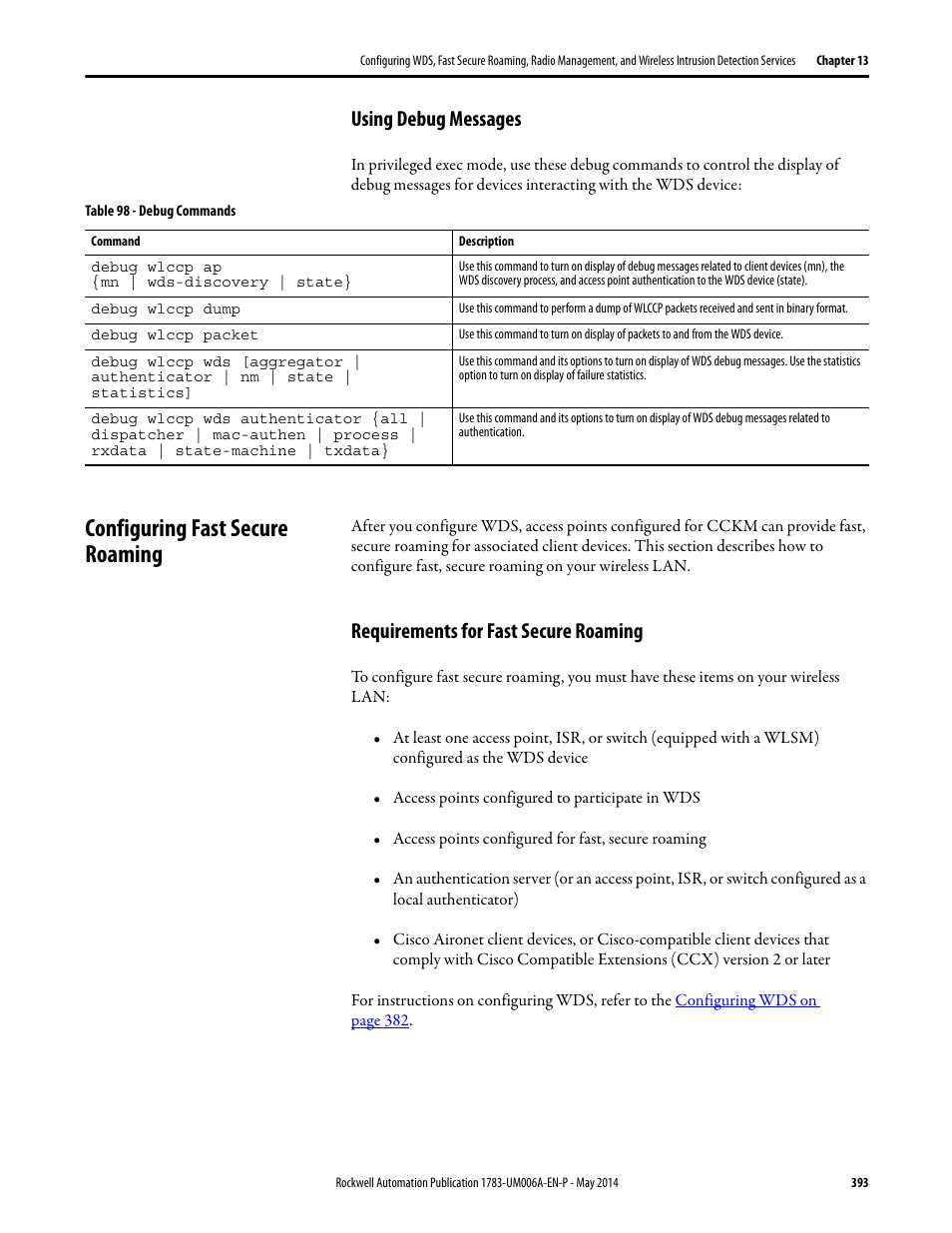 Using debug messages, Configuring fast secure roaming, Requirements for fast secure roaming | Rockwell Automation 1783-WAPxxx Stratix 5100 Wireless Access Point User Manual User Manual | Page 393 / 612