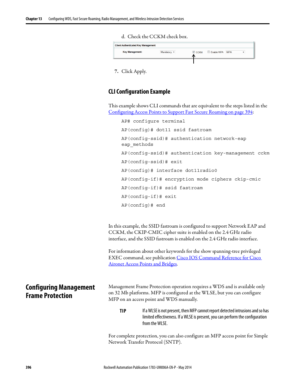 Cli configuration example, Configuring management frame protection, Configuring management | Rockwell Automation 1783-WAPxxx Stratix 5100 Wireless Access Point User Manual User Manual | Page 396 / 612