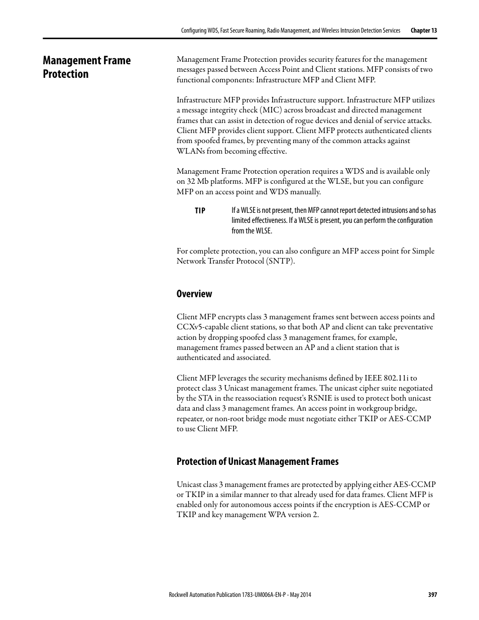 Management frame protection, Overview, Protection of unicast management frames | Overview protection of unicast management frames | Rockwell Automation 1783-WAPxxx Stratix 5100 Wireless Access Point User Manual User Manual | Page 397 / 612