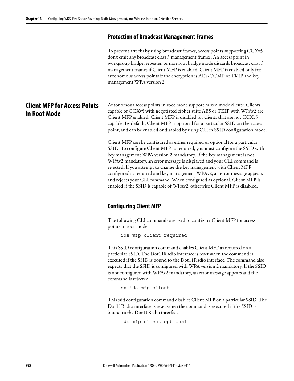 Protection of broadcast management frames, Client mfp for access points in root mode, Configuring client mfp | Rockwell Automation 1783-WAPxxx Stratix 5100 Wireless Access Point User Manual User Manual | Page 398 / 612