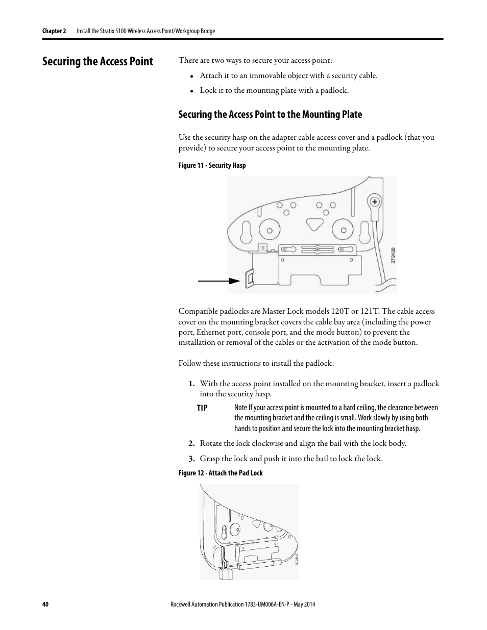 Securing the access point, Securing the access point to the mounting plate | Rockwell Automation 1783-WAPxxx Stratix 5100 Wireless Access Point User Manual User Manual | Page 40 / 612