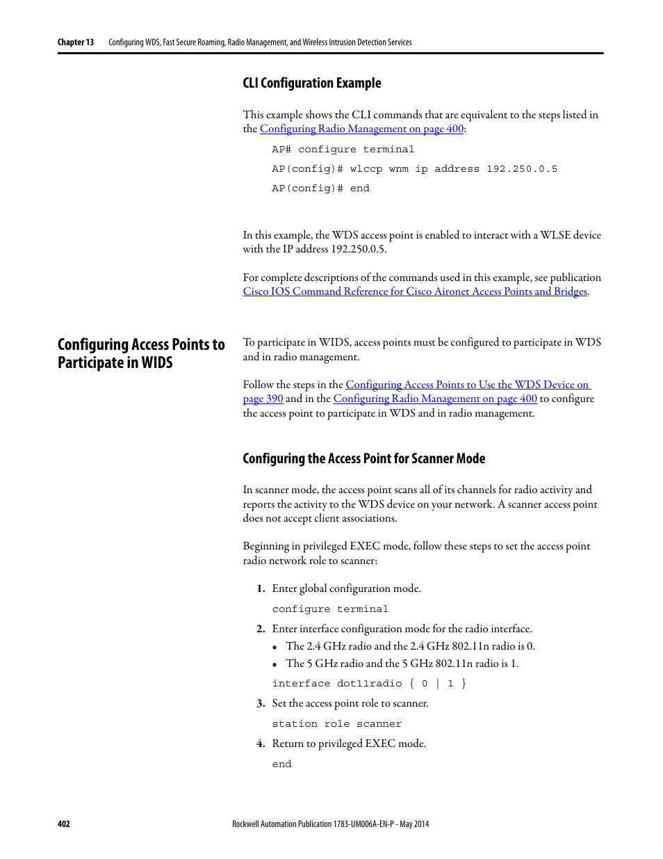 Cli configuration example, Configuring access points to participate in wids, Configuring the access point for scanner mode | Rockwell Automation 1783-WAPxxx Stratix 5100 Wireless Access Point User Manual User Manual | Page 402 / 612