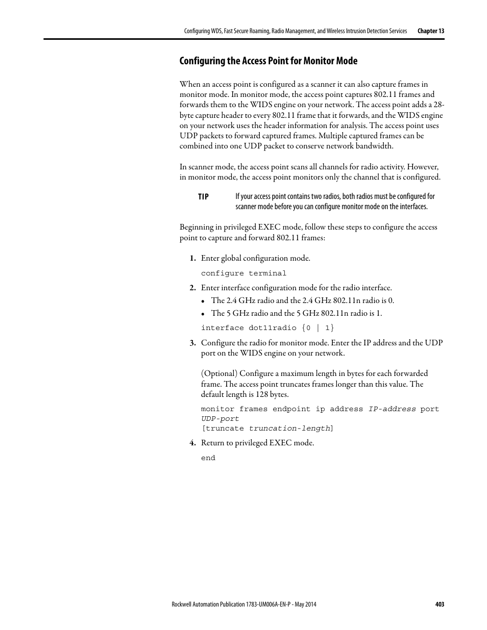 Configuring the access point for monitor mode | Rockwell Automation 1783-WAPxxx Stratix 5100 Wireless Access Point User Manual User Manual | Page 403 / 612