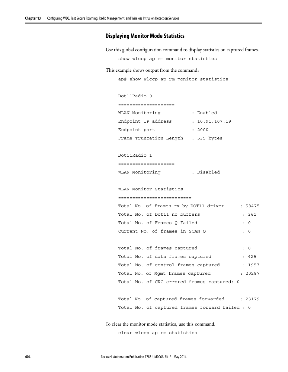 Displaying monitor mode statistics | Rockwell Automation 1783-WAPxxx Stratix 5100 Wireless Access Point User Manual User Manual | Page 404 / 612