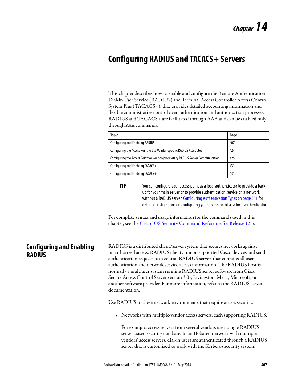 14 - configuring radius and tacacs+ servers, Configuring and enabling radius, Chapter 14 | Configuring radius and tacacs+ servers, Chapter 14 configuring radius and tacacs+ servers, Chapter | Rockwell Automation 1783-WAPxxx Stratix 5100 Wireless Access Point User Manual User Manual | Page 407 / 612