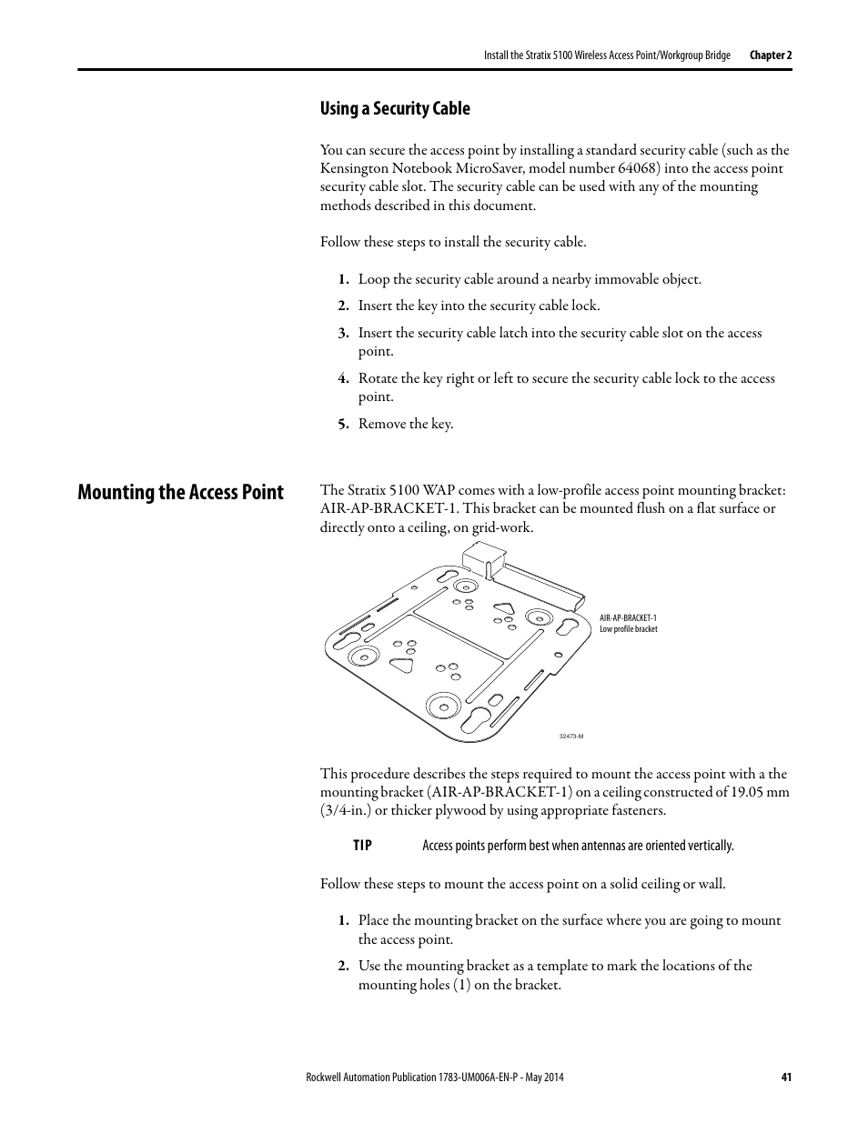 Using a security cable, Mounting the access point | Rockwell Automation 1783-WAPxxx Stratix 5100 Wireless Access Point User Manual User Manual | Page 41 / 612