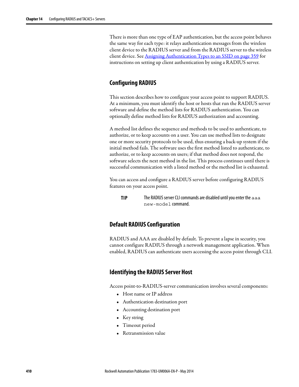 Configuring radius, Default radius configuration, Identifying the radius server host | Rockwell Automation 1783-WAPxxx Stratix 5100 Wireless Access Point User Manual User Manual | Page 410 / 612