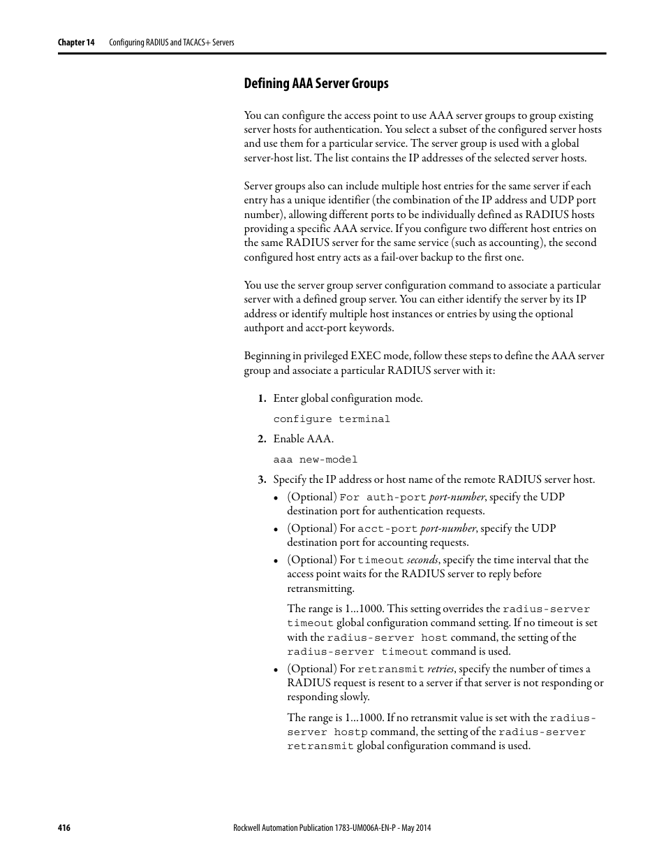 Defining aaa server groups, Defining aaa server | Rockwell Automation 1783-WAPxxx Stratix 5100 Wireless Access Point User Manual User Manual | Page 416 / 612