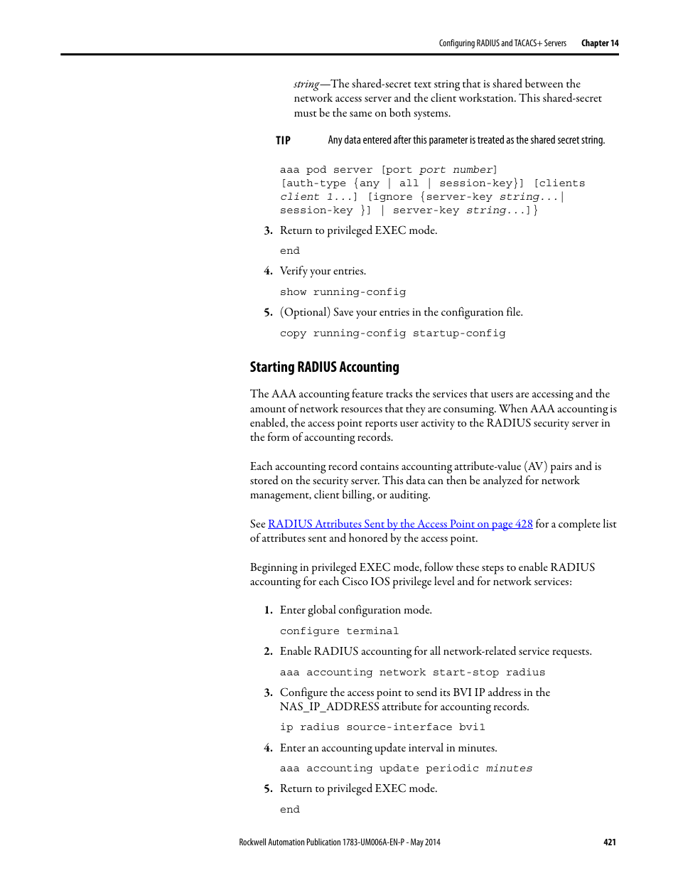 Starting radius accounting | Rockwell Automation 1783-WAPxxx Stratix 5100 Wireless Access Point User Manual User Manual | Page 421 / 612