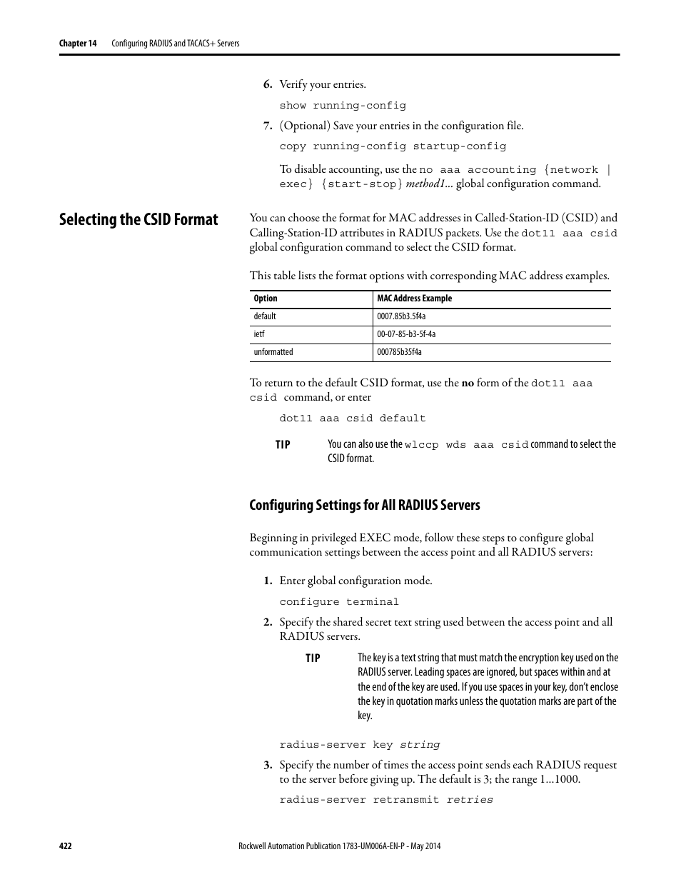 Selecting the csid format, Configuring settings for all radius servers | Rockwell Automation 1783-WAPxxx Stratix 5100 Wireless Access Point User Manual User Manual | Page 422 / 612