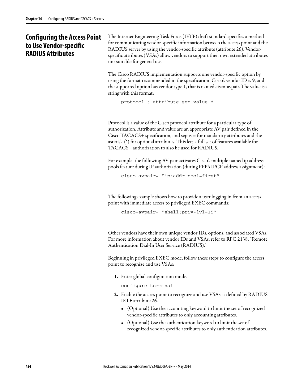 Radius attributes | Rockwell Automation 1783-WAPxxx Stratix 5100 Wireless Access Point User Manual User Manual | Page 424 / 612