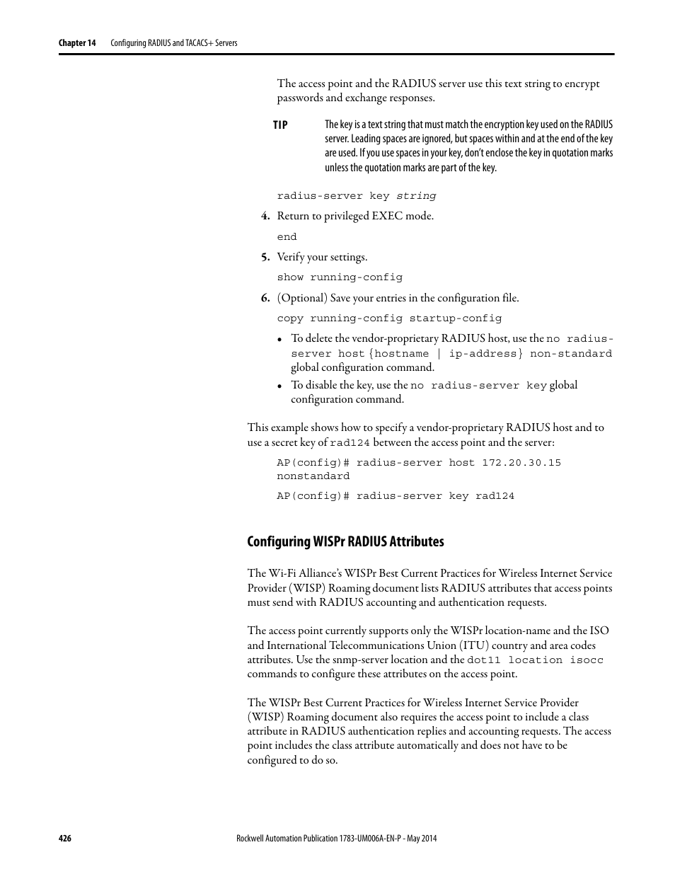 Configuring wispr radius attributes | Rockwell Automation 1783-WAPxxx Stratix 5100 Wireless Access Point User Manual User Manual | Page 426 / 612