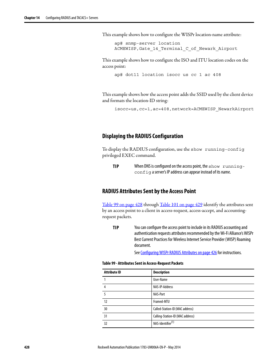Displaying the radius configuration, Radius attributes sent by the access point | Rockwell Automation 1783-WAPxxx Stratix 5100 Wireless Access Point User Manual User Manual | Page 428 / 612