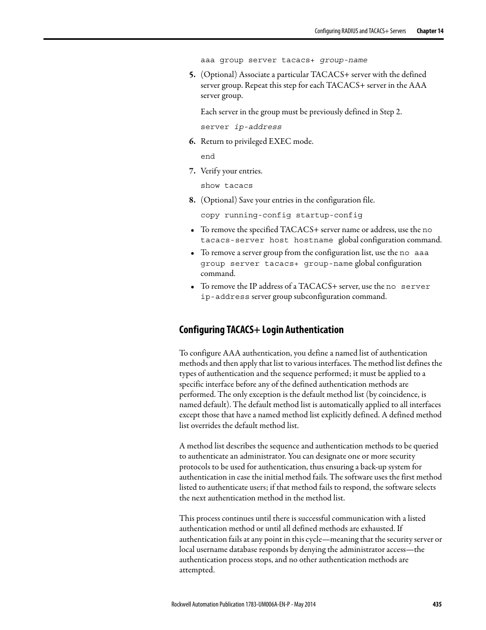 Configuring tacacs+ login authentication | Rockwell Automation 1783-WAPxxx Stratix 5100 Wireless Access Point User Manual User Manual | Page 435 / 612