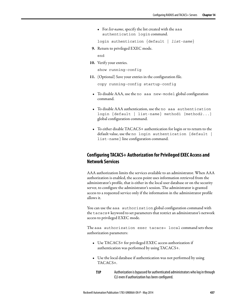 Configuring tacacs+ authorization for, Privileged exec access and network services | Rockwell Automation 1783-WAPxxx Stratix 5100 Wireless Access Point User Manual User Manual | Page 437 / 612