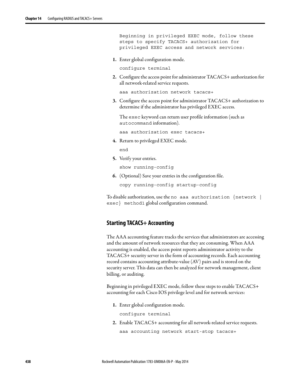 Starting tacacs+ accounting | Rockwell Automation 1783-WAPxxx Stratix 5100 Wireless Access Point User Manual User Manual | Page 438 / 612