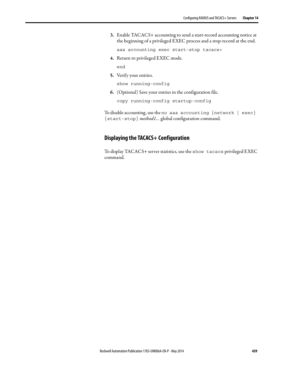Displaying the tacacs+ configuration | Rockwell Automation 1783-WAPxxx Stratix 5100 Wireless Access Point User Manual User Manual | Page 439 / 612